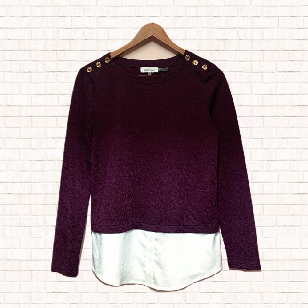 Calvin Klein button shoulder mixed media layered sweater XS EUC OBO